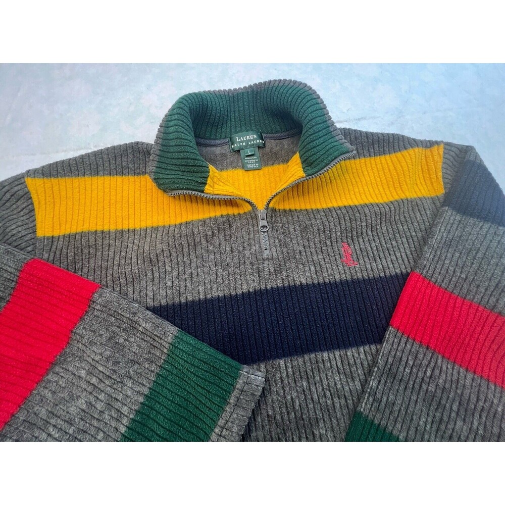 Lauren Ralph Lauren Mens Large Multi Striped Fleece 1/4 Zip Vintage Made In USA